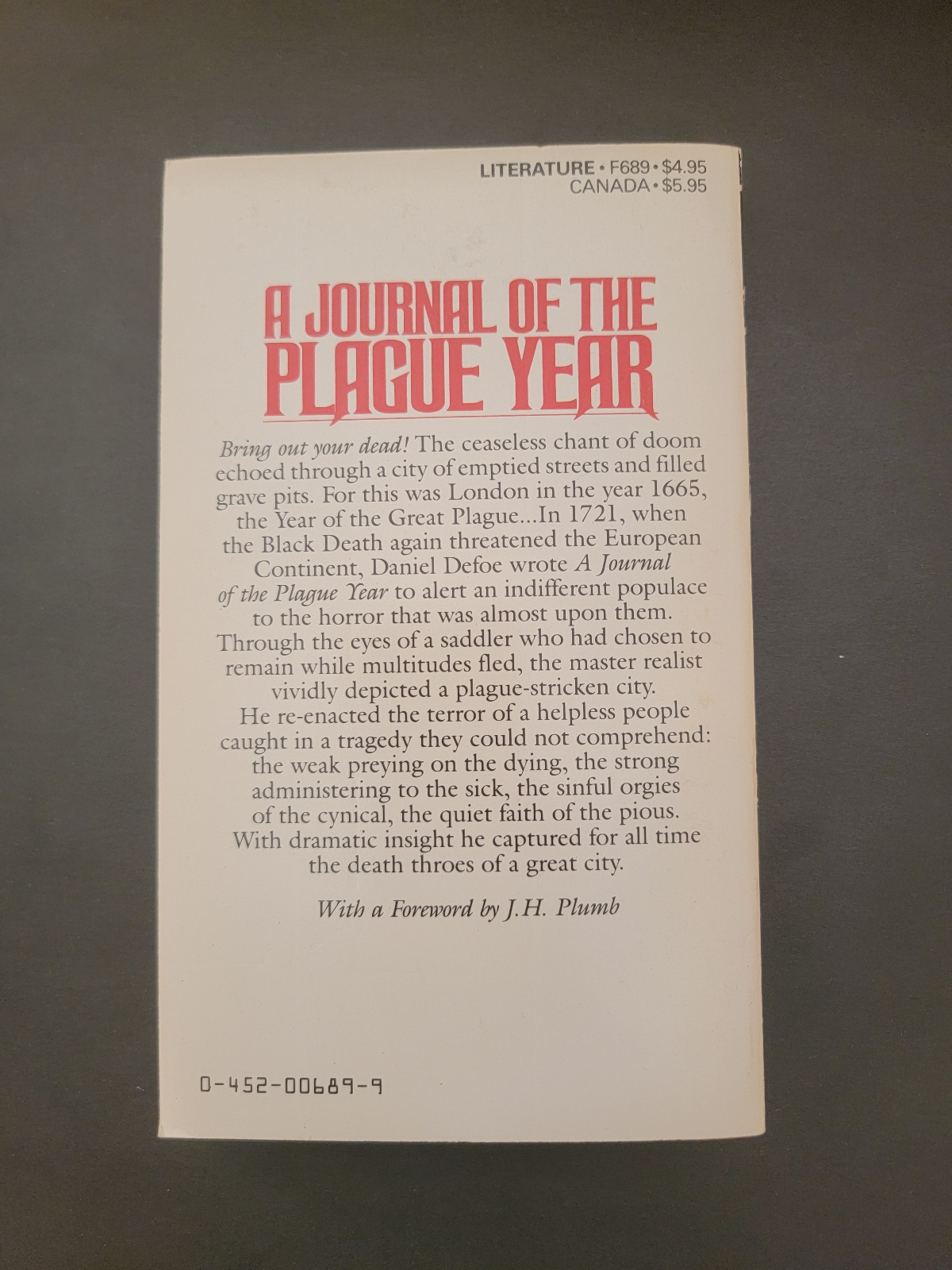 A Journal of the Plague Year by Daniel Defoe 1984 Meridian Classic Paperback