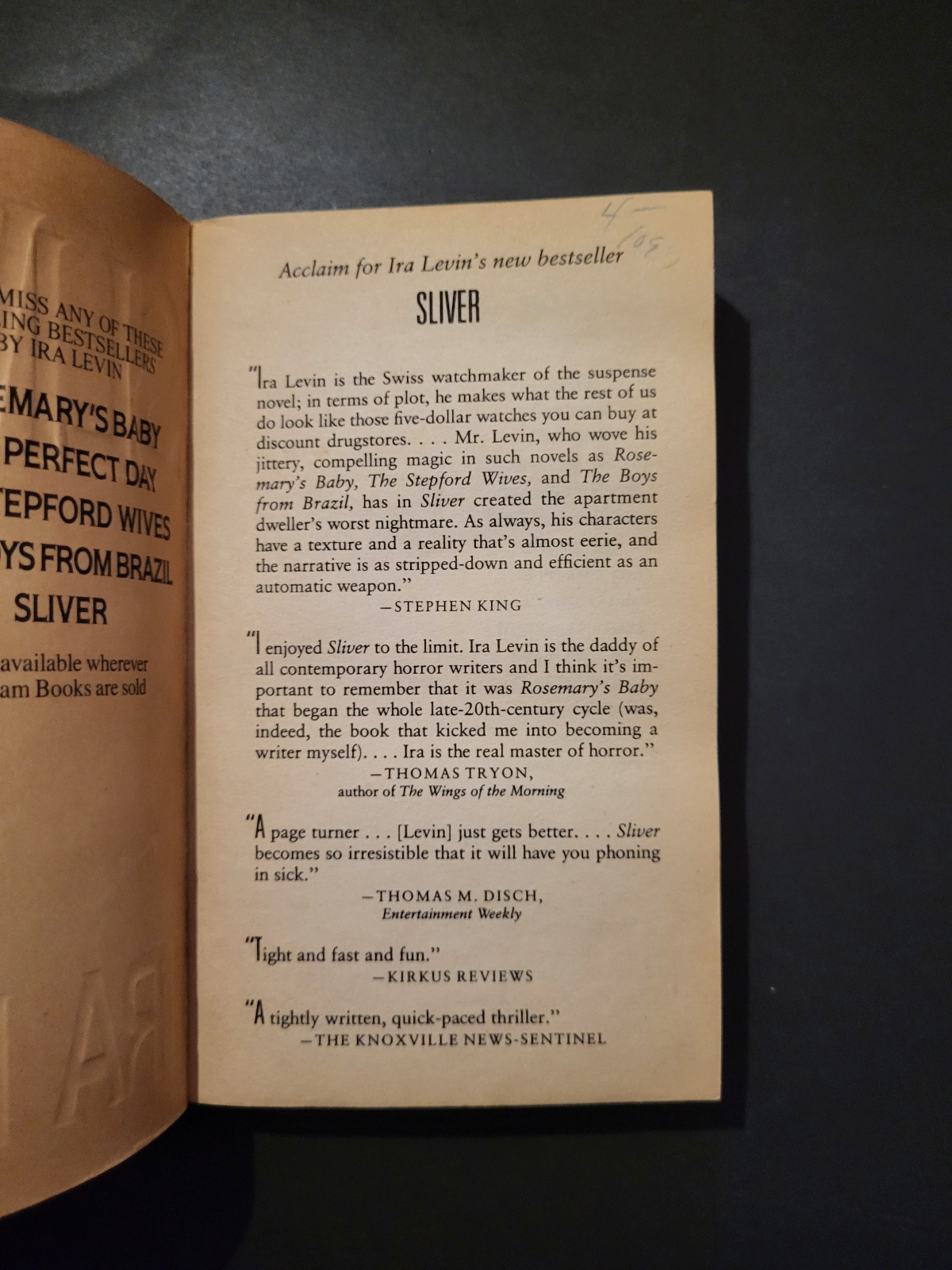 Sliver by Ira Levin 1992 Bantam Books Horror Paperbacks from Hell