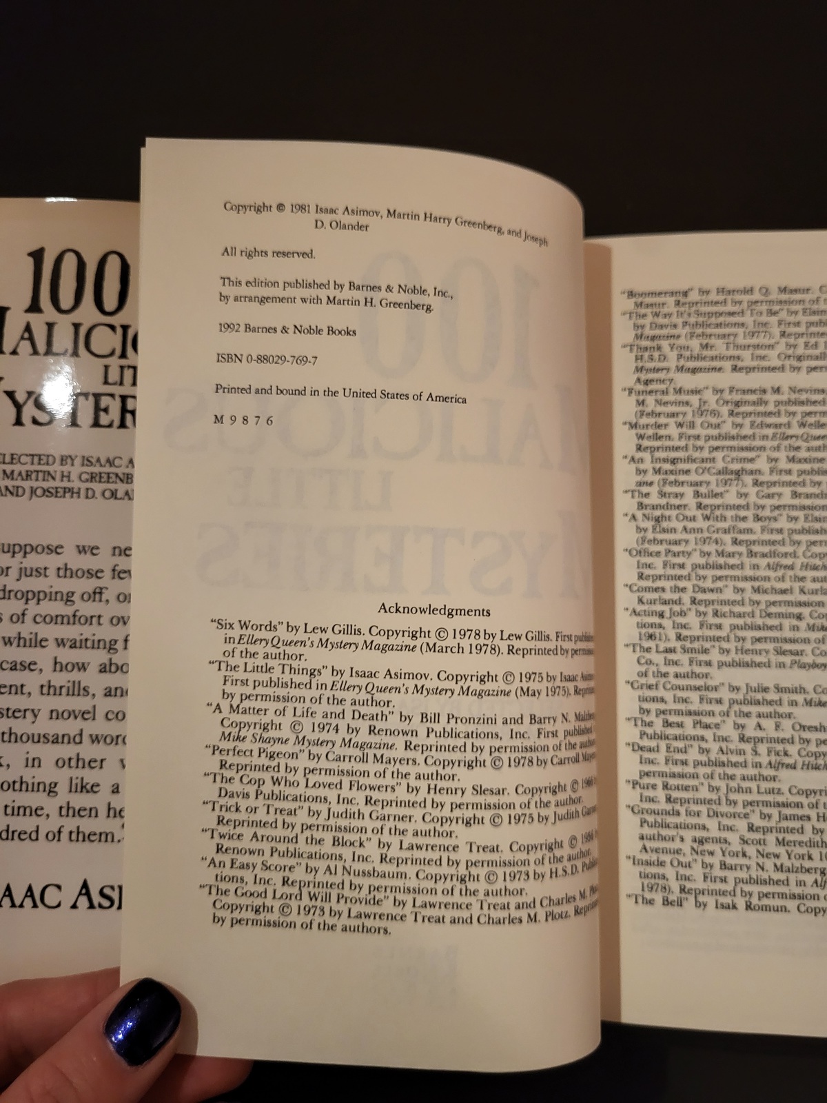 100 Malicious Little Mysteries Selected by Isaac Asimov, Martin Greenberg and Joseph Olander 1992 Hardcover