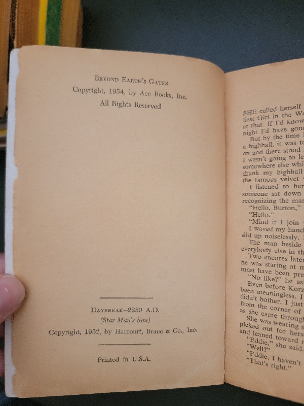 Ace Double D-69 Daybreak -2250 A.D. by Andre Norton / Beyond Earth’s Gates by Lewis Padgett and C.L. Moore 1954