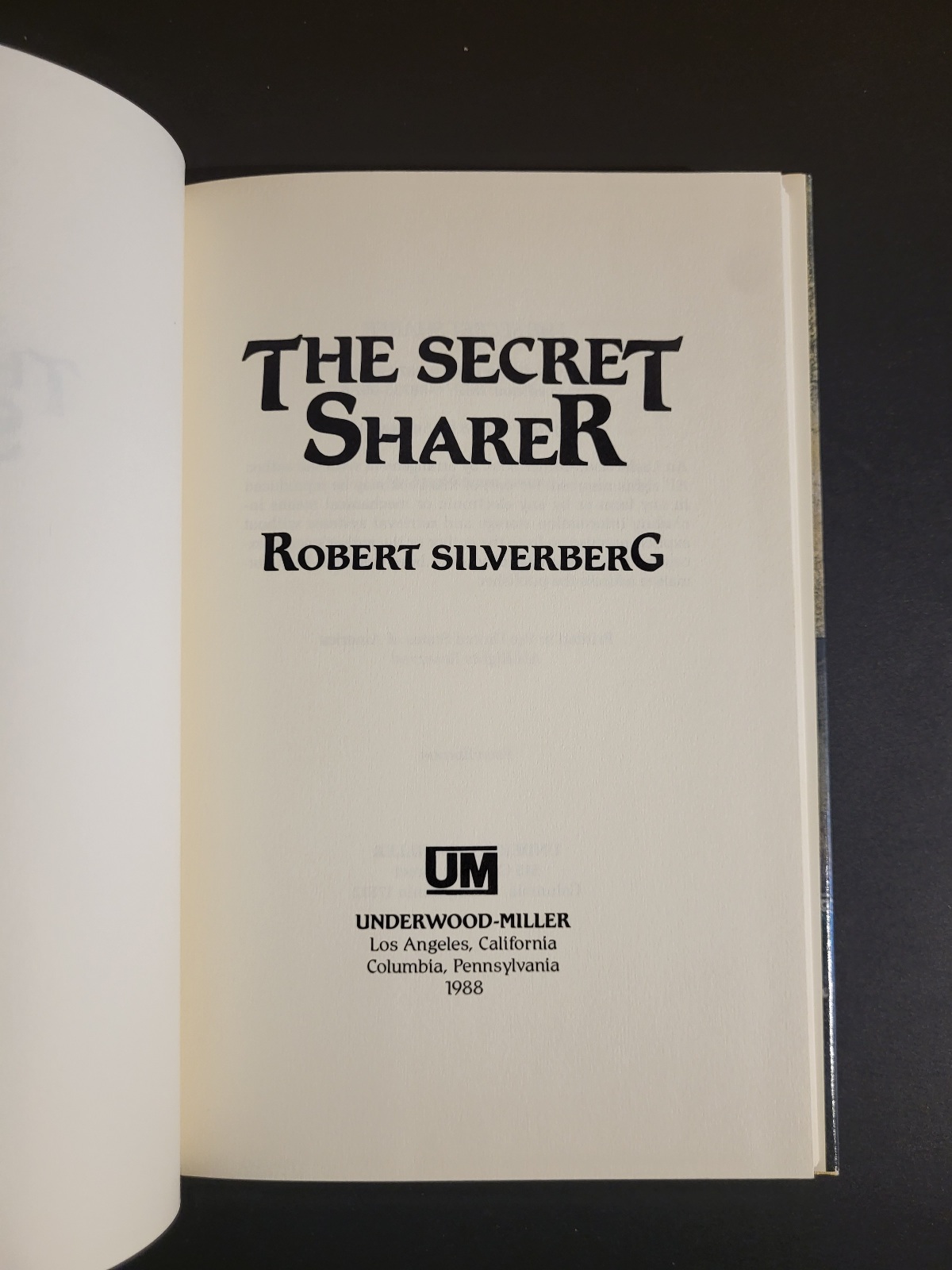 The Secret Sharer by Robert Silverberg 1988 Underwood-Miller First Edition Hardcover Science Fiction