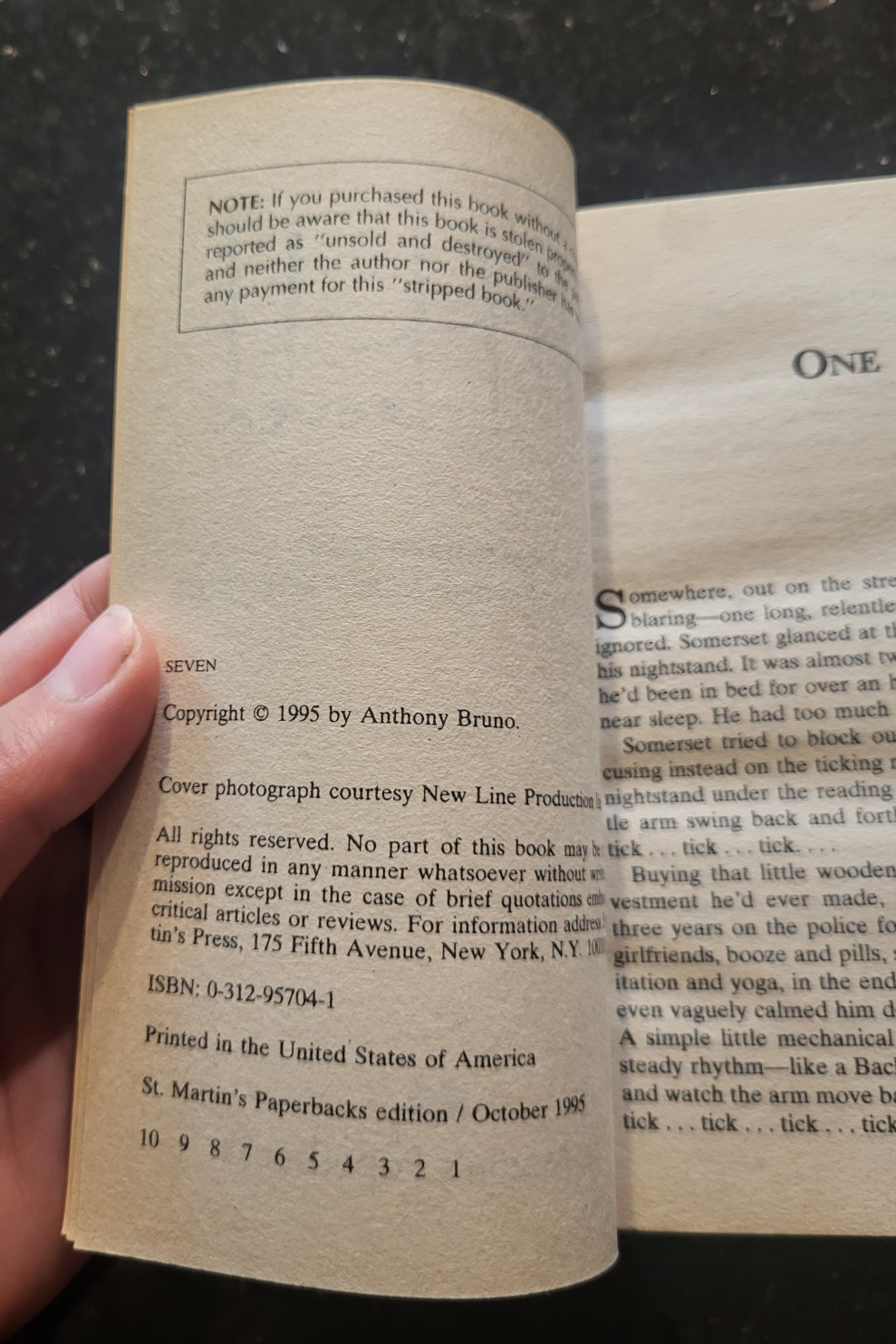 SEVEN by Anthony Bruno Novelization Movie Tie-In 1995 First Printing St. Marten’s Paperbacks