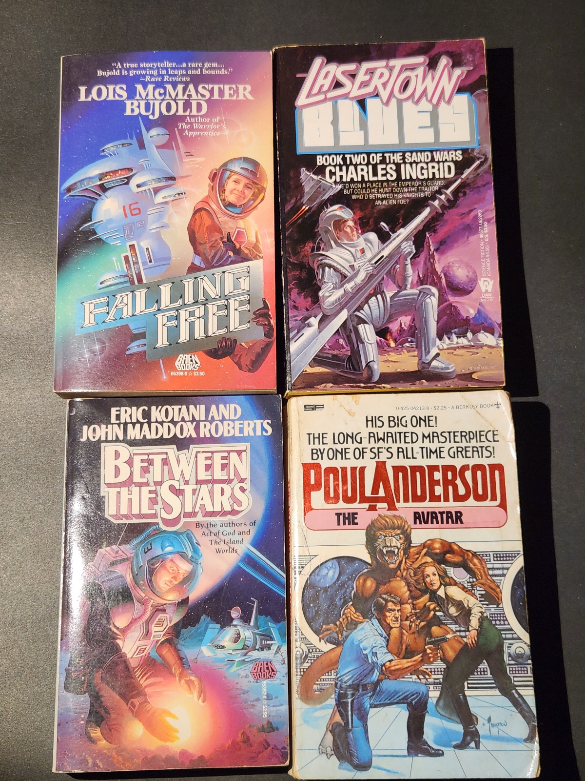 4 Science Fiction Paperbacks: Poul Anderson, Charles Ingrid, Lois McMaster Bujold, Eric Kotani & John Maddox Roberts