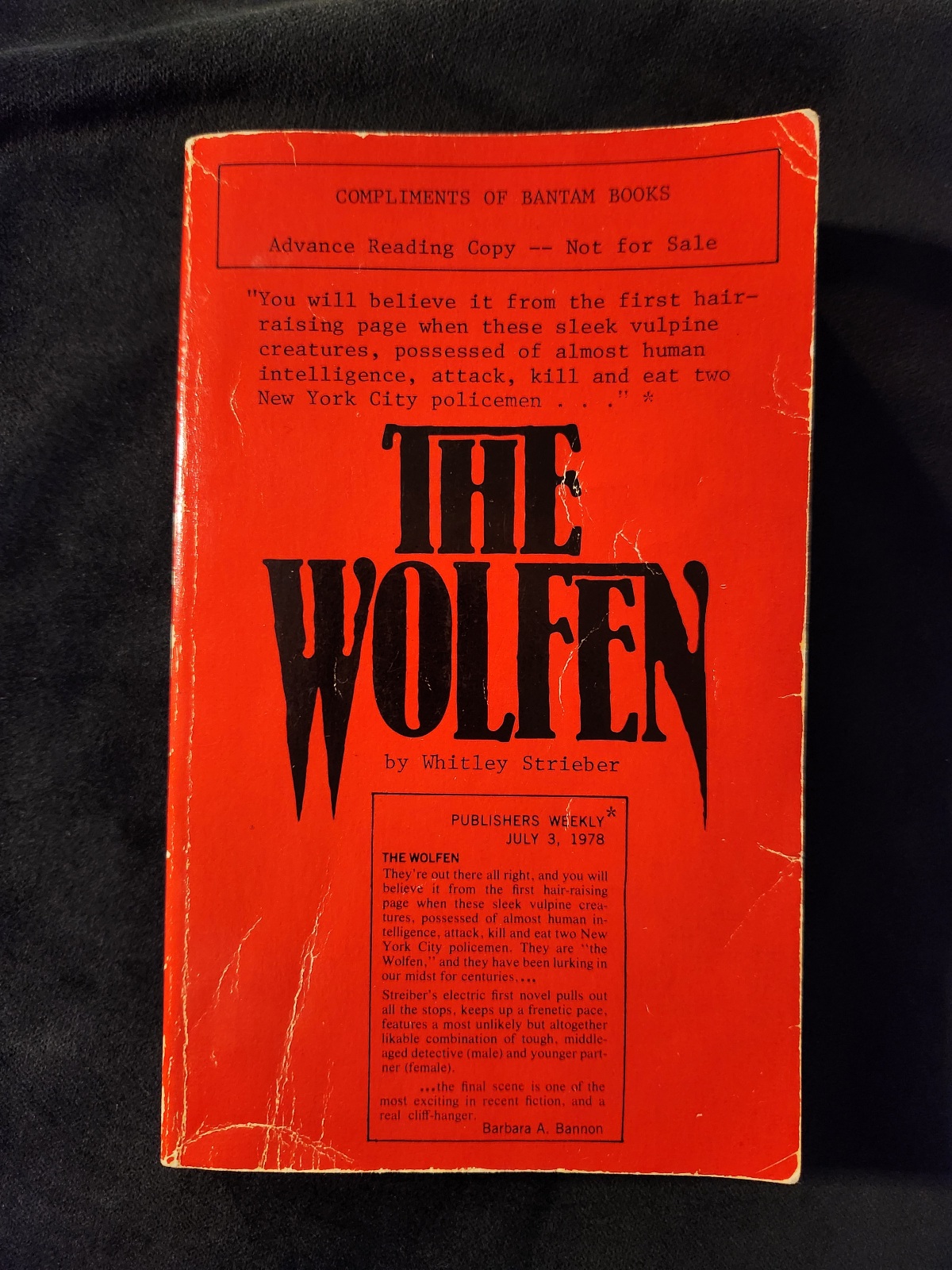 The Wolfen by Whitley Strieber Advanced Reader Copy 1978 Bantam Books Paperback